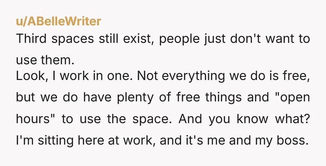 u/ABelleWriter Third spaces still exist, people just don't want to use them. Look, I work in one. Not everything we do is free, but we do have plenty of free...