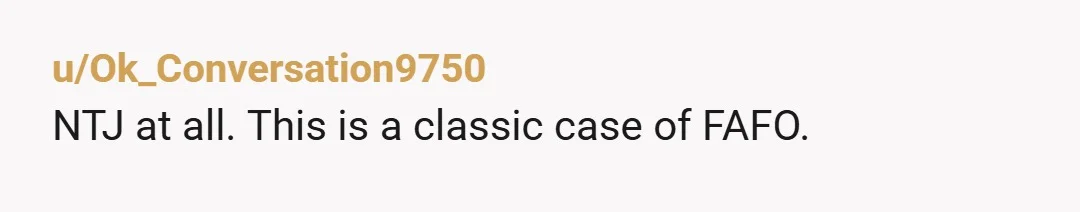 u/Ok_Conversation9750 NTJ at all. This is a classic case of FAFO. 