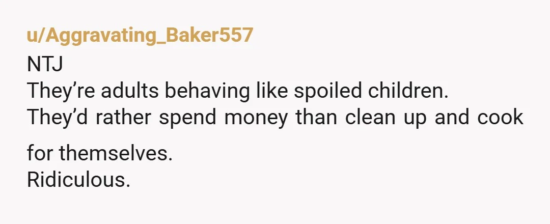 u/Aggravating_Baker557
NTJ
They’re adults behaving like spoiled children.
They’d rather spend money than clean up and cook for themselves.
Ridiculous.