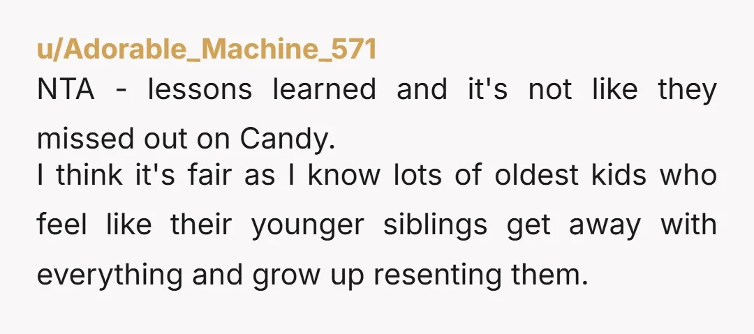 u/Adorable_Machine_571 NTA - lessons learned and it's not like they missed out on Candy. I think it's fair as I know lots of oldest kids who feel like their younger...