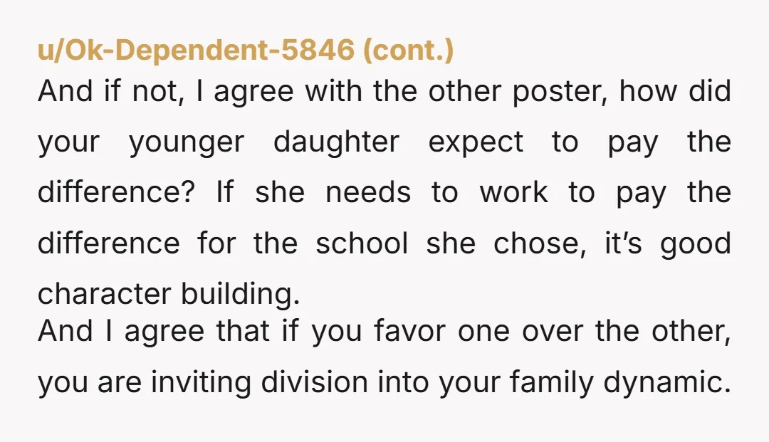 u/LawComprehensive2142 YtA you saved the same. They made different choices. In real life how you spend your money matters. Your older daughter might have factored in the price difference when...