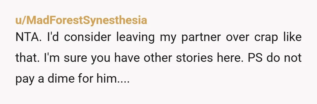 u/MadForestSynesthesia
NTA. I'd consider leaving my partner over crap like that. I'm sure you have other stories here. PS do not pay a dime for him....