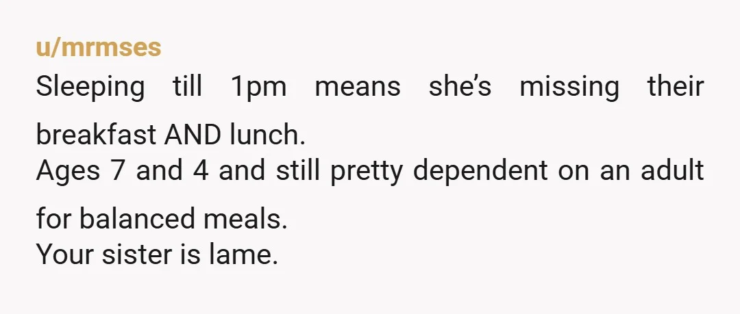u/mrmses
Sleeping till 1pm means she’s missing their breakfast AND lunch.
Ages 7 and 4 and still pretty dependent on an adult for balanced meals.
Your sister is lame.
