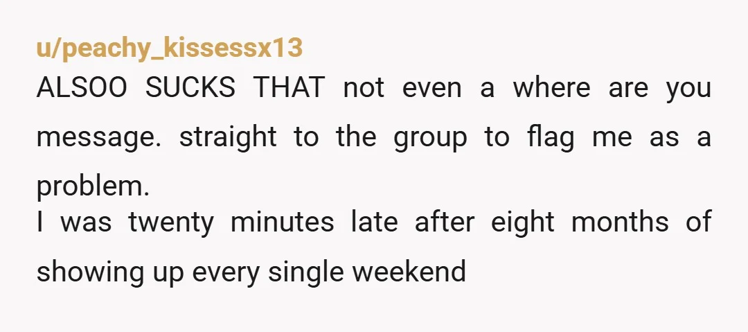 u/peachy_kissessx13 ALSOO SUCKS THAT not even a where are you message. straight to the group to flag me as a problem. I was twenty minutes late after eight months of...