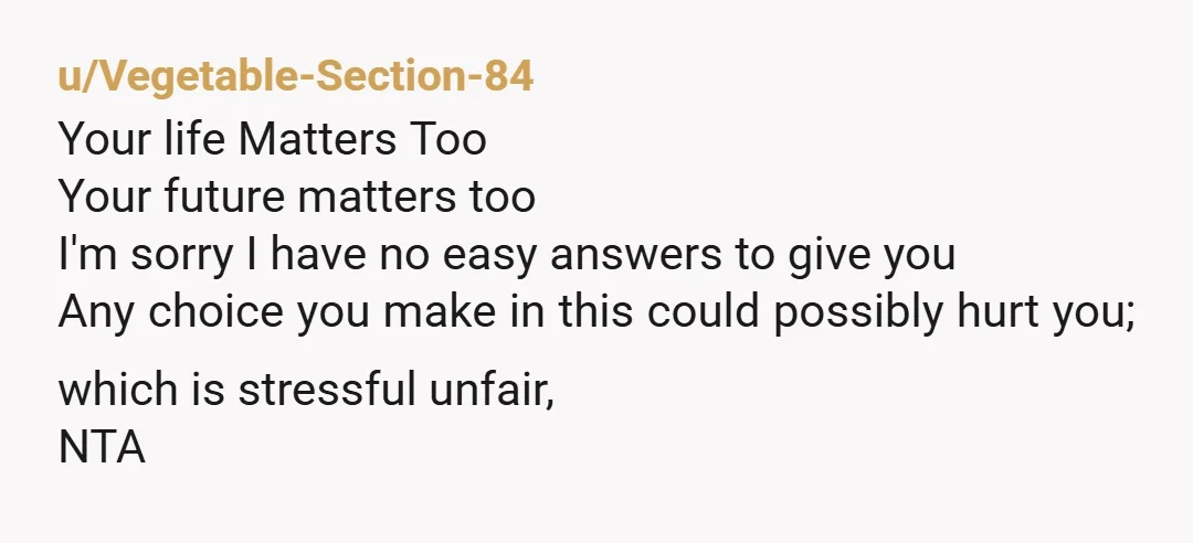 u/Vegetable-Section-84 Your life Matters Too Your future matters too I'm sorry I have no easy answers to give you Any choice you make in this could possibly hurt you; which...
