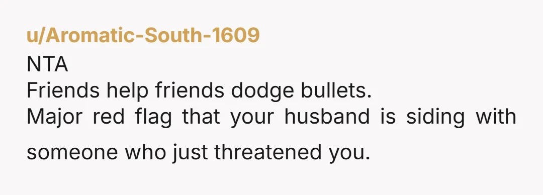 u/Aromatic-South-1609 NTA Friends help friends dodge bullets. Major red flag that your husband is siding with someone who just threatened you.