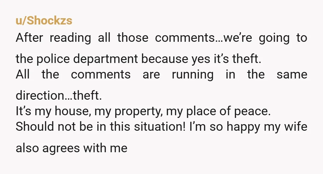 u/Shockzs After reading all those comments…we’re going to the police department because yes it’s theft. All the comments are running in the same direction…theft. It’s my house, my property, my...