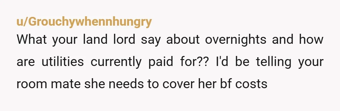 u/Grouchywhennhungry
What your land lord say about overnights and how are utilities currently paid for?? I'd be telling your room mate she needs to cover her bf costs