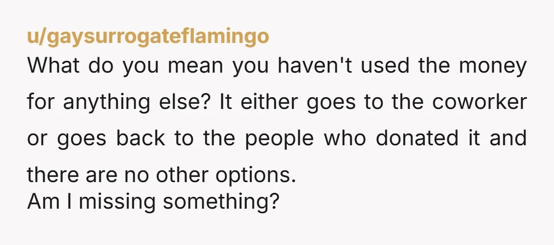 u/gaysurrogateflamingo What do you mean you haven't used the money for anything else? It either goes to the coworker or goes back to the people who donated it and there...