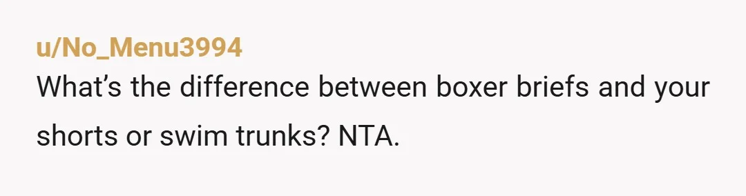 u/No_Menu3994
What’s the difference between boxer briefs and your shorts or swim trunks? NTA.