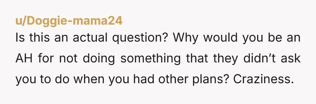 u/Doggie-mama24
Is this an actual question? Why would you be an AH for not doing something that they didn’t ask you to do when you had other plans? Craziness.