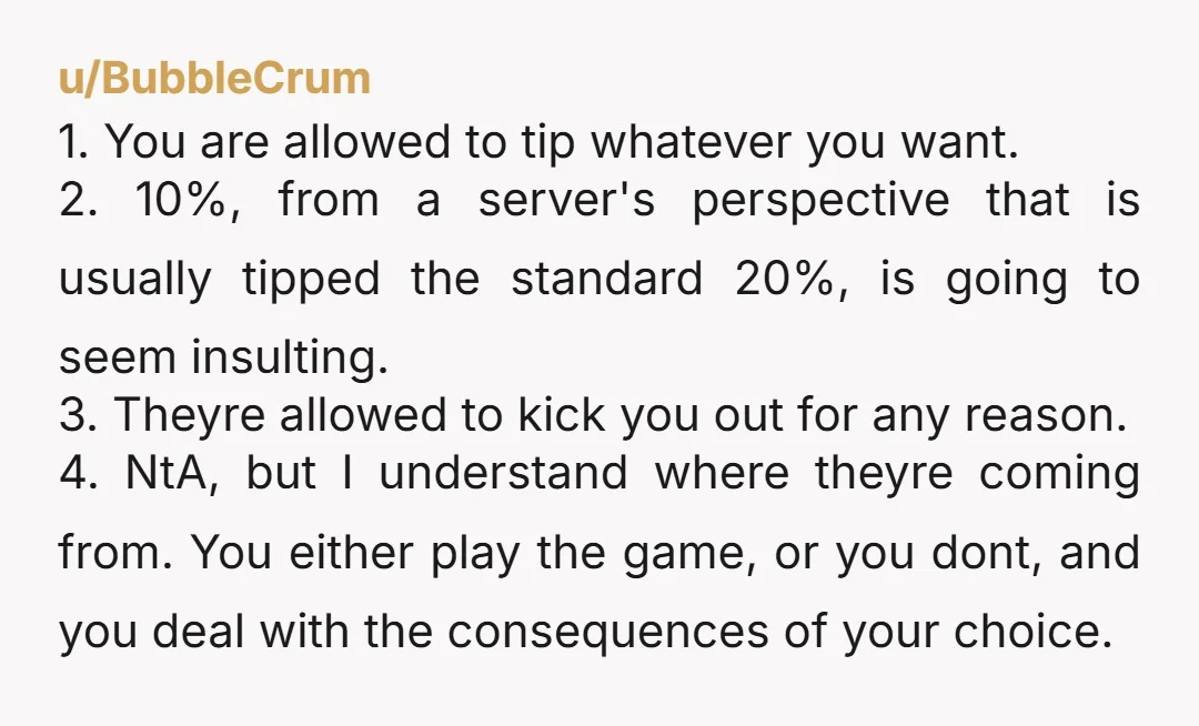 u/BubbleCrum 1. You are allowed to tip whatever you want. 2. 10%, from a server's perspective that is usually tipped the standard 20%, is going to seem insulting. 3. Theyre...