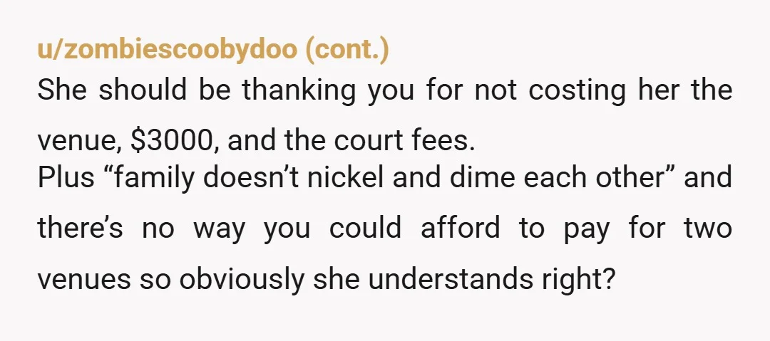 u/OnlyWishfulThinking7
NTA, I have a feeling that the boyfriend was just an excuse because you were asking her to pay you back for the venue.