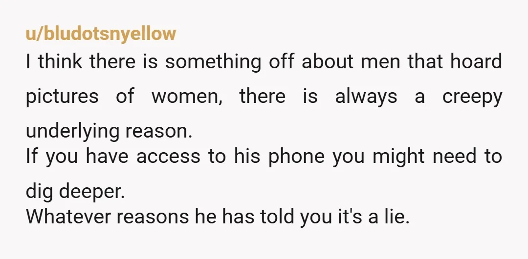 u/bludotsnyellow I think there is something off about men that hoard pictures of women, there is always a creepy underlying reason. If you have access to his phone you might...