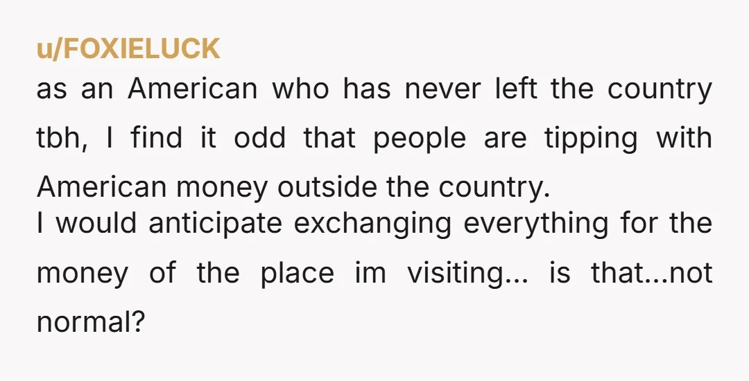u/FOXIELUCK as an American who has never left the country tbh, I find it odd that people are tipping with American money outside the country. I would anticipate exchanging everything...