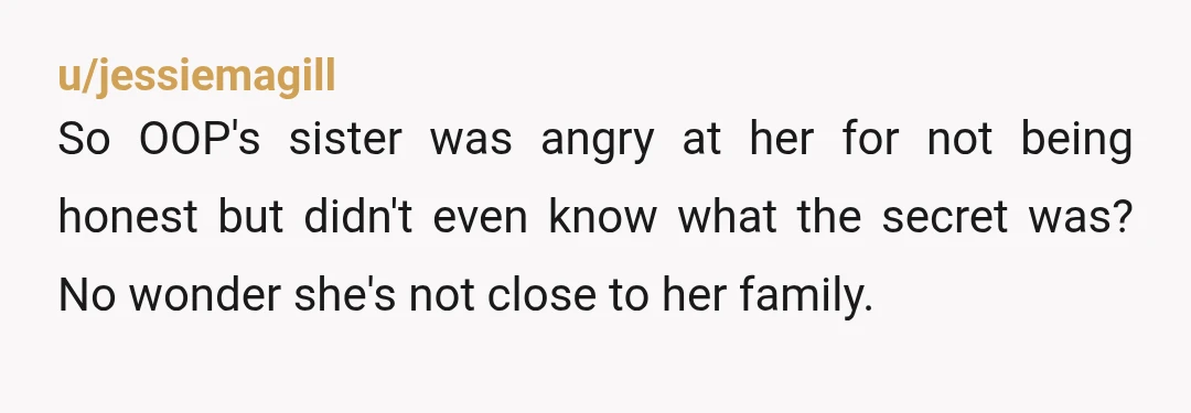 u/jessiemagill
So OOP's sister was angry at her for not being honest but didn't even know what the secret was? No wonder she's not close to her family.