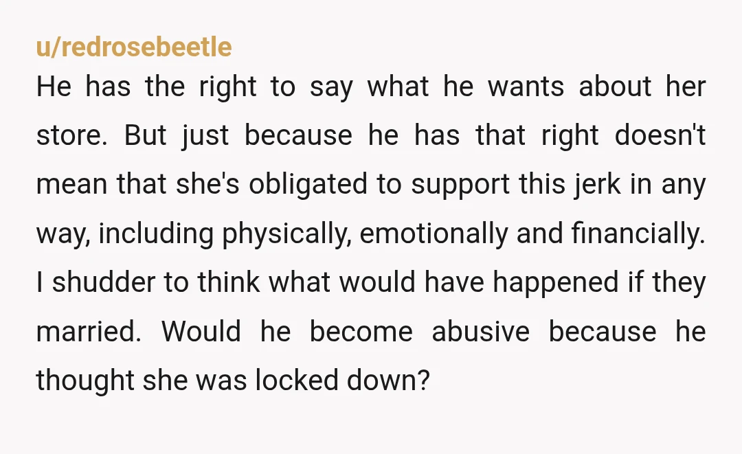 u/redrosebeetle He has the right to say what he wants about her store. But just because he has that right doesn't mean that she's obligated to support this jerk in...