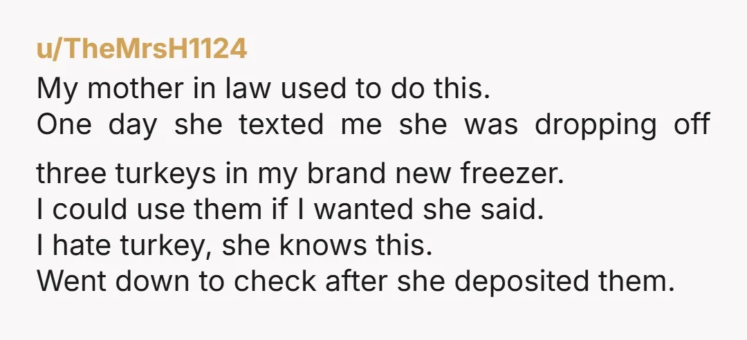 u/TheMrsH1124 My mother in law used to do this. One day she texted me she was dropping off three turkeys in my brand new freezer. I could use them if...