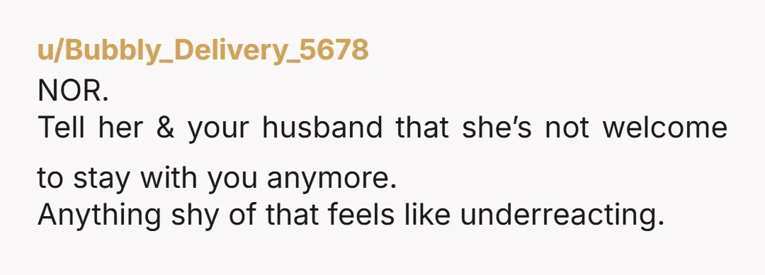 u/Bubbly_Delivery_5678
NOR.
Tell her & your husband that she’s not welcome to stay with you anymore.
Anything shy of that feels like underreacting.