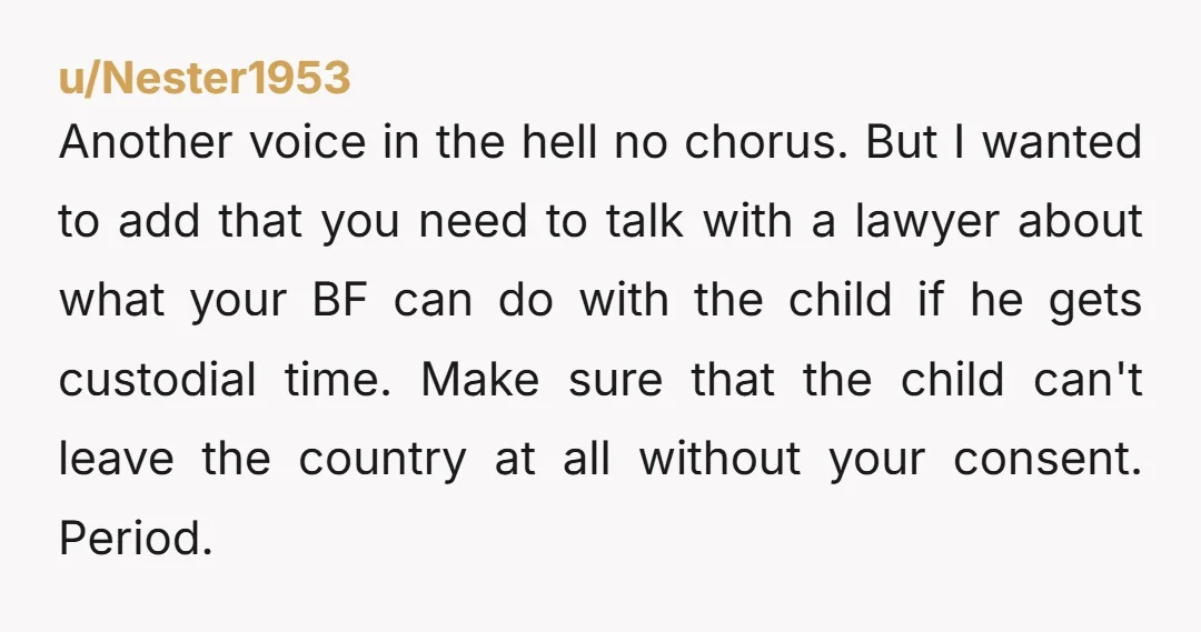 u/Nester1953 Another voice in the hell no chorus. But I wanted to add that you need to talk with a lawyer about what your BF can do with the child...