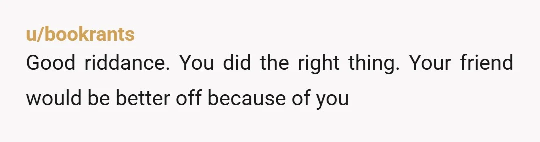 u/bookrants
Good riddance. You did the right thing. Your friend would be better off because of you