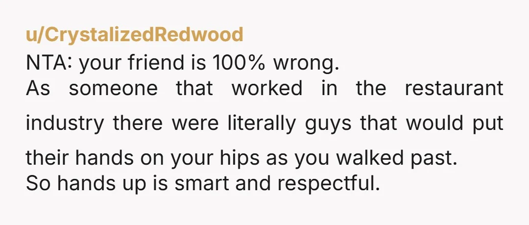 u/CrystalizedRedwood NTA: your friend is 100% wrong. As someone that worked in the restaurant industry there were literally guys that would put their hands on your hips as you walked...