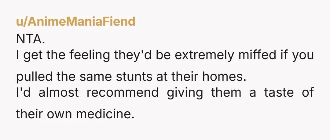 u/AnimeManiaFiend
NTA.
I get the feeling they'd be extremely miffed if you pulled the same stunts at their homes.
I'd almost recommend giving them a taste of their own medicine.