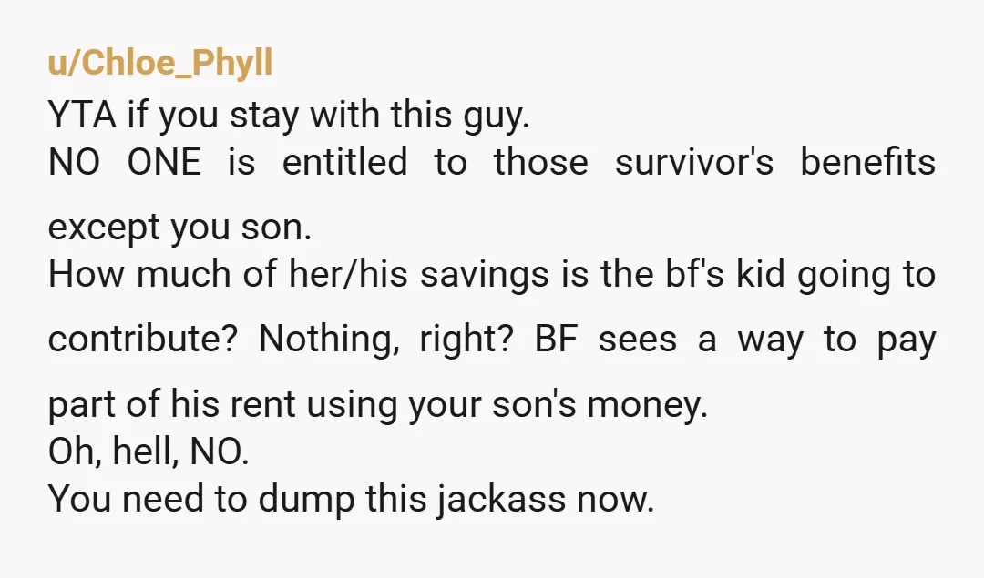 u/Chloe_Phyll YTA if you stay with this guy. NO ONE is entitled to those survivor's benefits except you son. How much of her/his savings is the bf's kid going to...