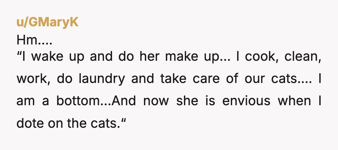 u/GMaryK Hm…. “I wake up and do her make up… I cook, clean, work, do laundry and take care of our cats.… I am a bottom…And now she is envious...