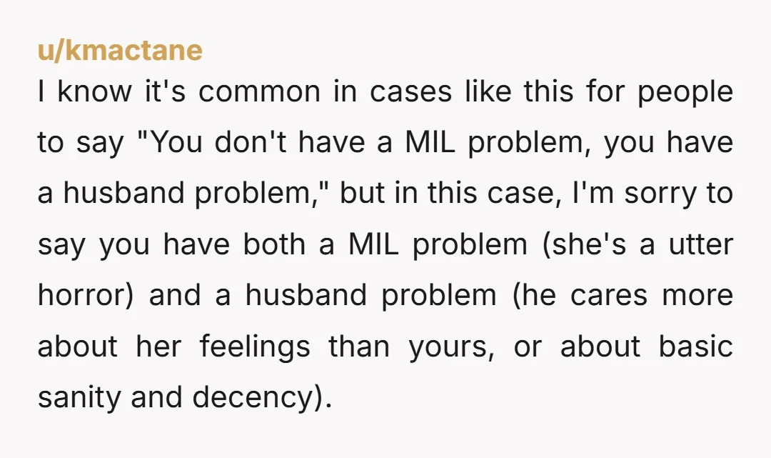 u/kmactane I know it's common in cases like this for people to say "You don't have a MIL problem, you have a husband problem," but in this case, I'm sorry...