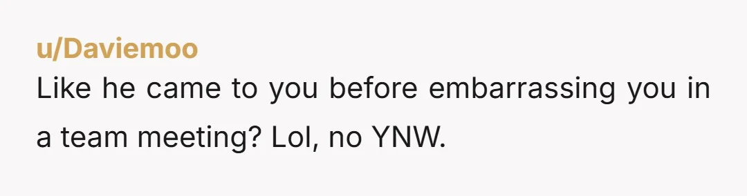 u/Daviemoo
Like he came to you before embarrassing you in a team meeting? Lol, no YNW.