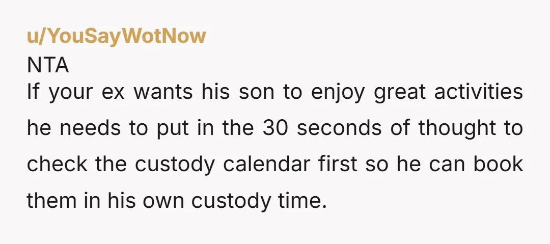 u/YouSayWotNow NTA If your ex wants his son to enjoy great activities he needs to put in the 30 seconds of thought to check the custody calendar first so he...