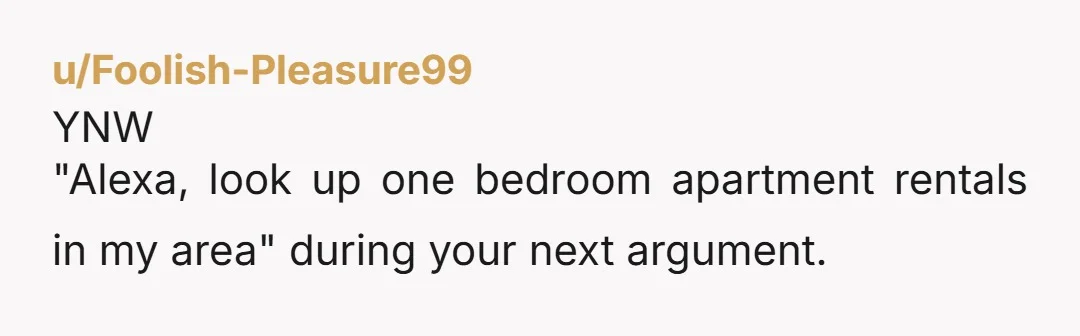 u/Foolish-Pleasure99 YNW "Alexa, look up one bedroom apartment rentals in my area" during your next argument.