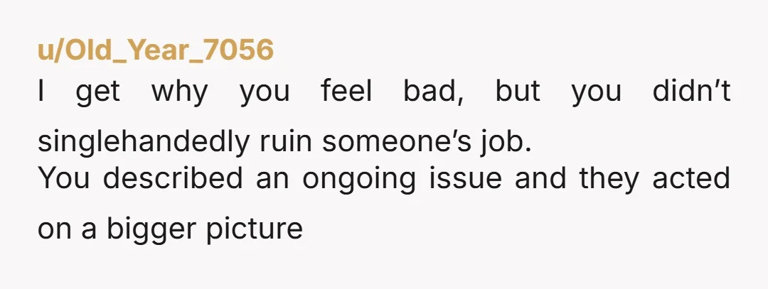 u/Old_Year_7056
I get why you feel bad, but you didn’t singlehandedly ruin someone’s job.
You described an ongoing issue and they acted on a bigger picture