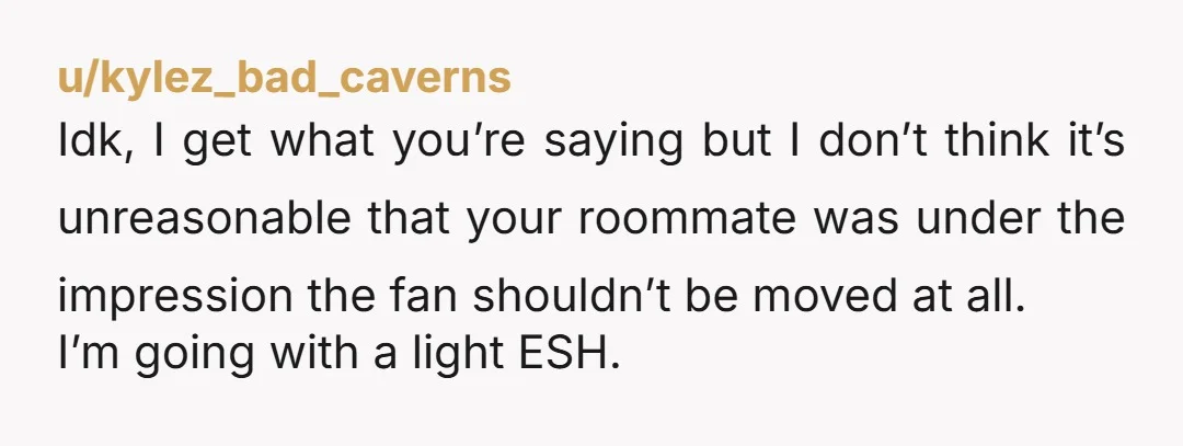u/kylez_bad_caverns Idk, I get what you’re saying but I don’t think it’s unreasonable that your roommate was under the impression the fan shouldn’t be moved at all. I’m going with...