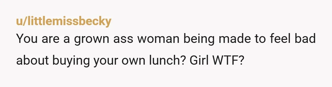 u/littlemissbecky You are a grown ass woman being made to feel bad about buying your own lunch? Girl WTF?