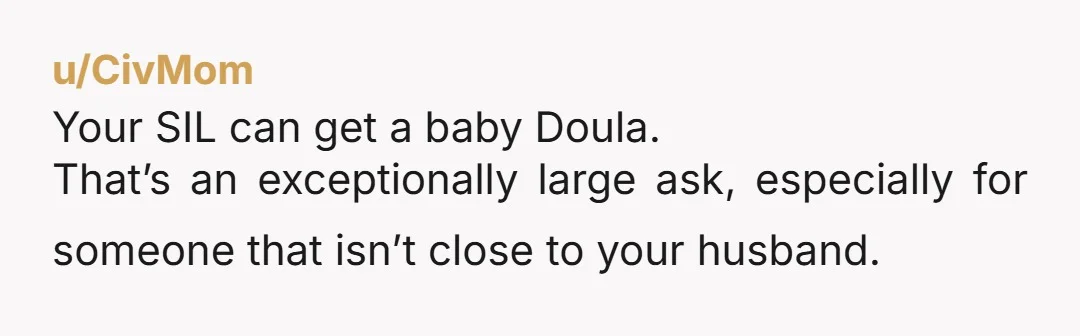 u/CivMom Your SIL can get a baby Doula. That’s an exceptionally large ask, especially for someone that isn’t close to your husband.