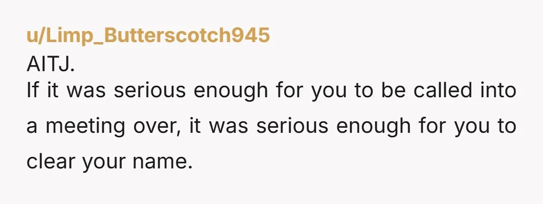u/Limp_Butterscotch945 AITJ. If it was serious enough for you to be called into a meeting over, it was serious enough for you to clear your name.