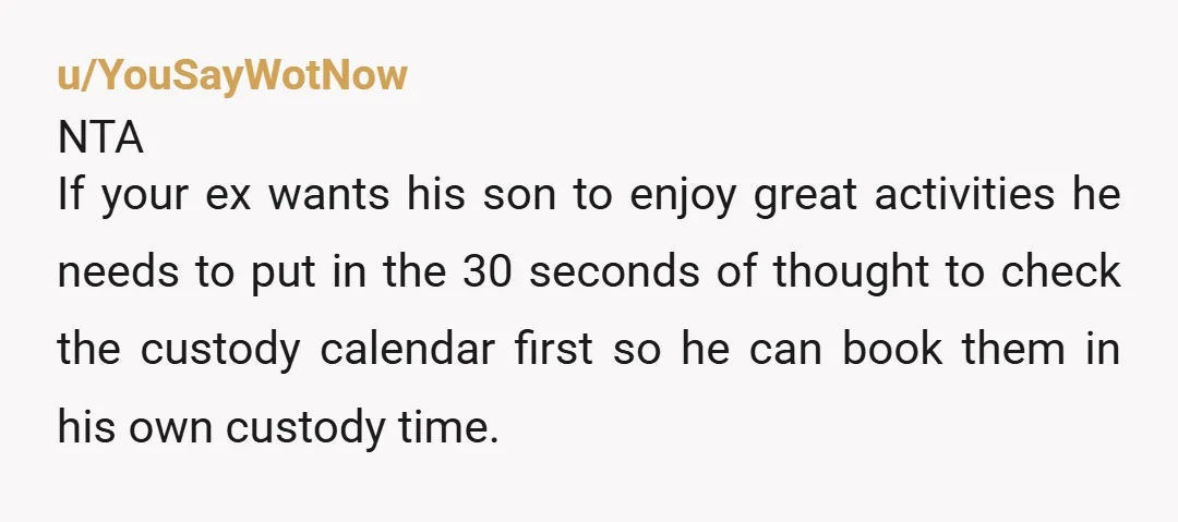 u/YouSayWotNow NTA If your ex wants his son to enjoy great activities he needs to put in the 30 seconds of thought to check the custody calendar first so he...