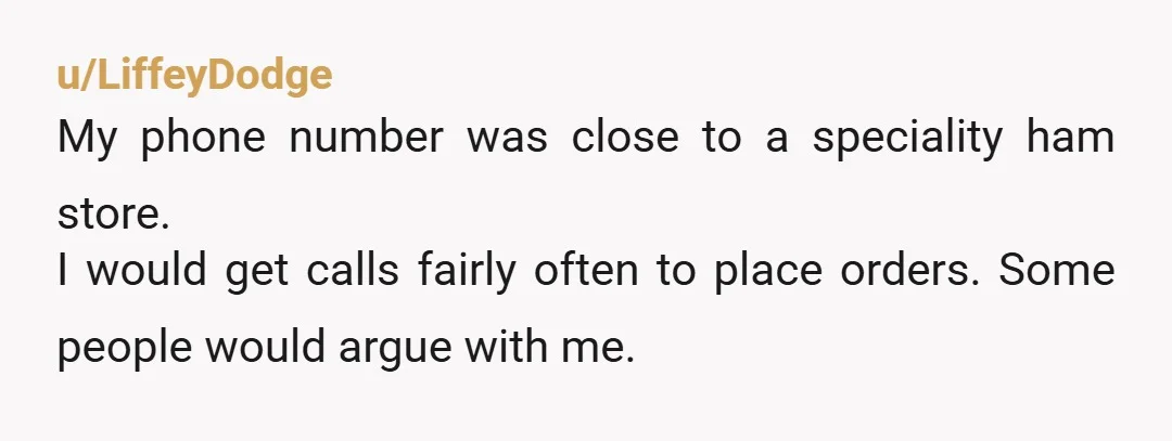 u/LiffeyDodge
My phone number was close to a speciality ham store.
I would get calls fairly often to place orders. Some people would argue with me.