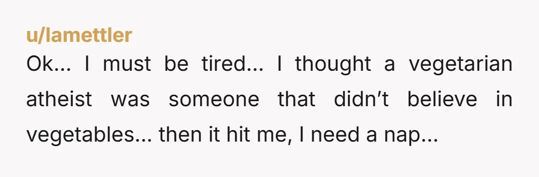 u/lamettler Ok… I must be tired… I thought a vegetarian atheist was someone that didn’t believe in vegetables… then it hit me, I need a nap…