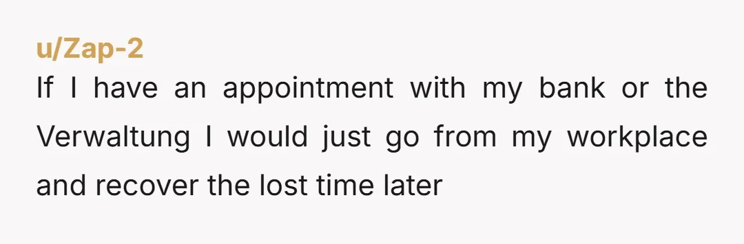u/Zap-2
If I have an appointment with my bank or the Verwaltung I would just go from my workplace and recover the lost time later