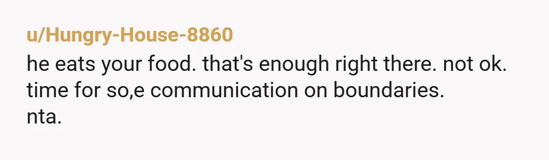 u/Hungry-House-8860
he eats your food. that's enough right there. not ok.
time for so,e communication on boundaries.
nta.