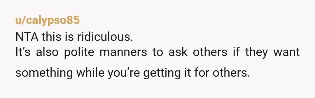u/calypso85
NTA this is ridiculous.
It’s also polite manners to ask others if they want something while you’re getting it for others.