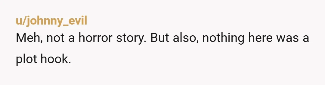 u/johnny_evil
Meh, not a horror story. But also, nothing here was a plot hook.