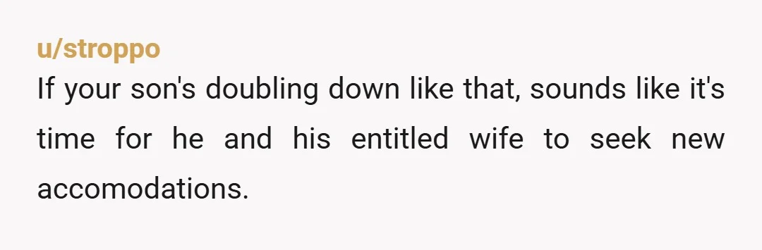 u/stroppo If your son's doubling down like that, sounds like it's time for he and his entitled wife to seek new accomodations.