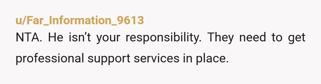 u/Far_Information_9613
NTA. He isn’t your responsibility. They need to get professional support services in place.