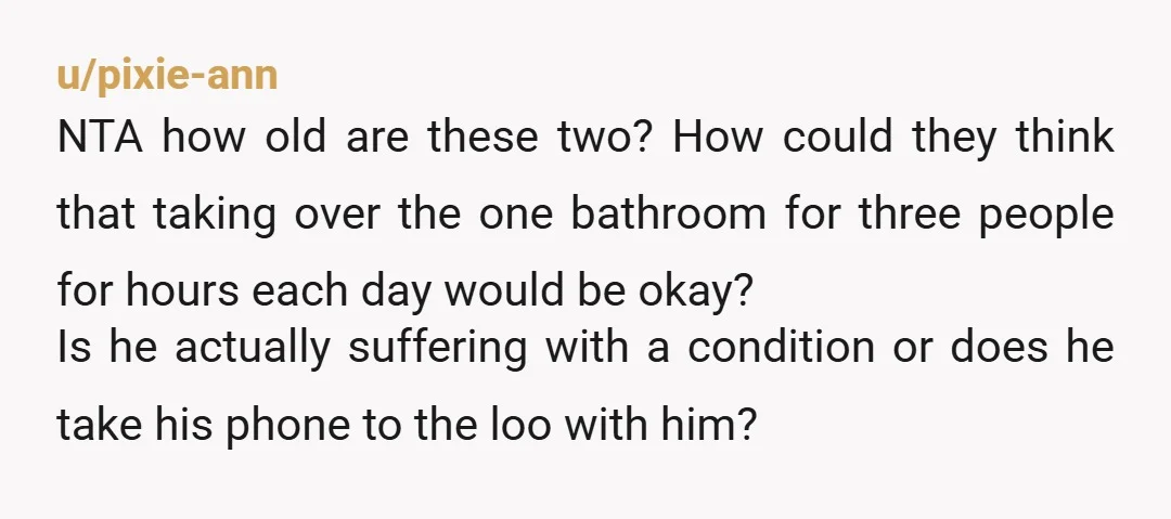 u/pixie-ann NTA how old are these two? How could they think that taking over the one bathroom for three people for hours each day would be okay? Is he actually...