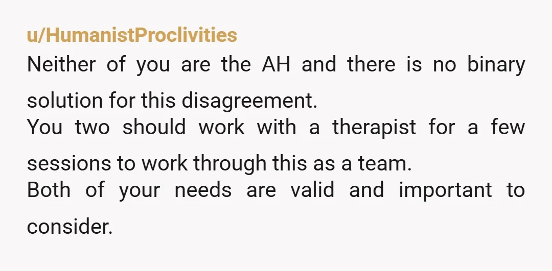 u/HumanistProclivities Neither of you are the AH and there is no binary solution for this disagreement. You two should work with a therapist for a few sessions to work through...