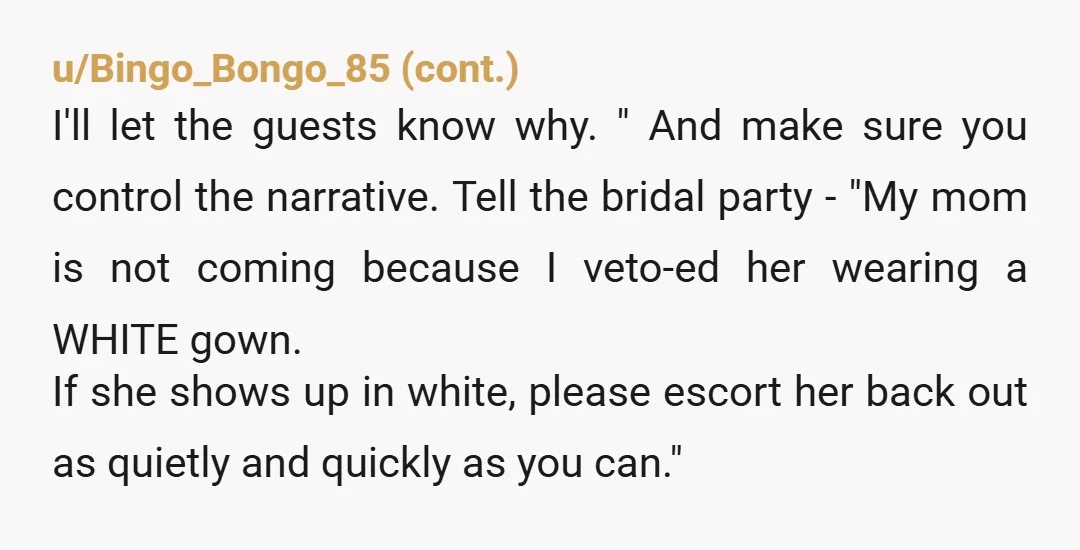 u/GOPsucksAss NTA. Has your mother always been this manipulative?   You have no duty to let her upstage you at your own wedding just so she can feel “beautiful.”  What’s...